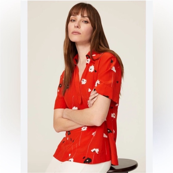 Jason Wu Top 2 Floral Collared Silk Shirt Red - Picture 3 of 13